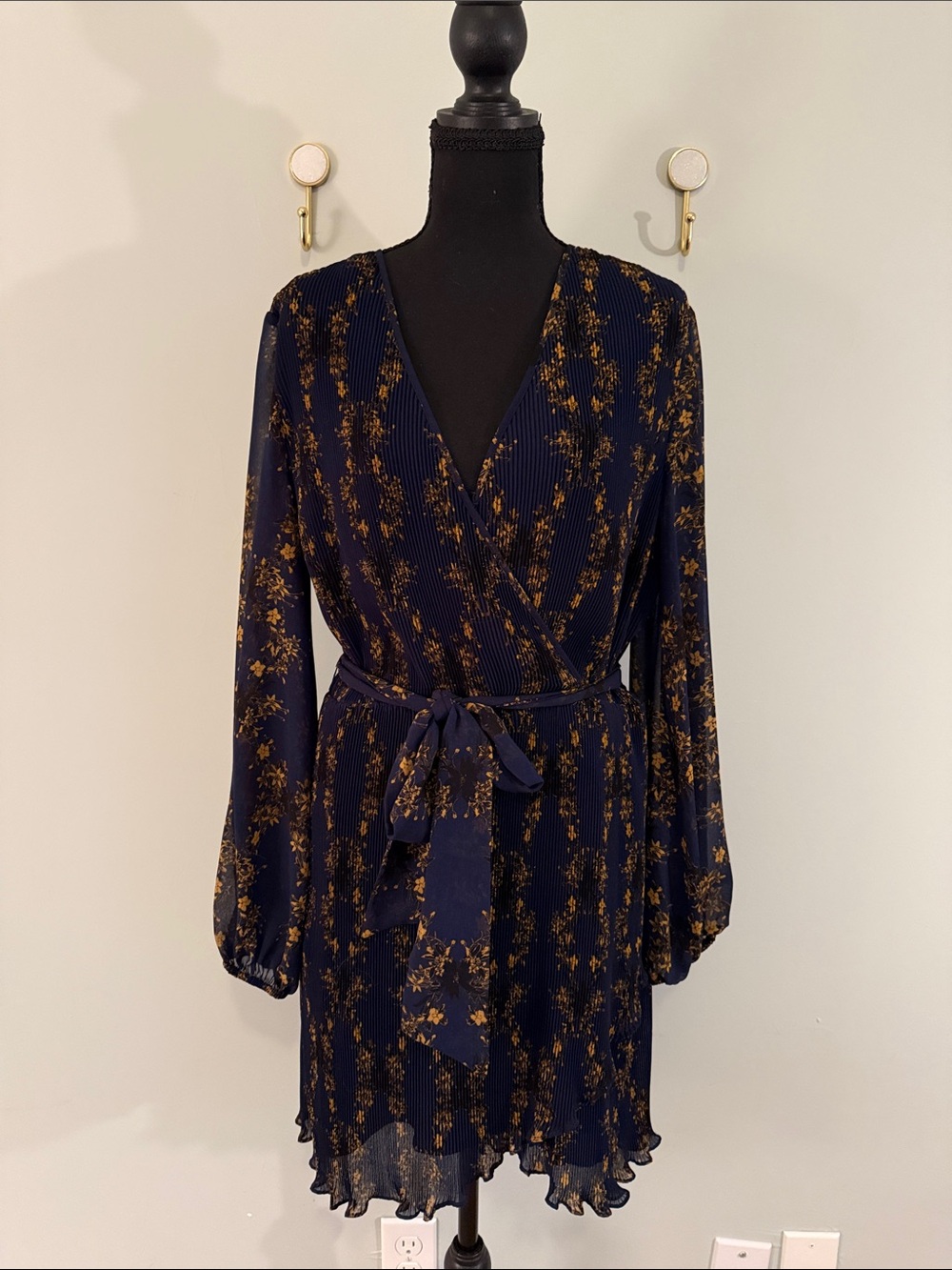 1. State Navy Dress with Gold Floral Print and Tie Waist